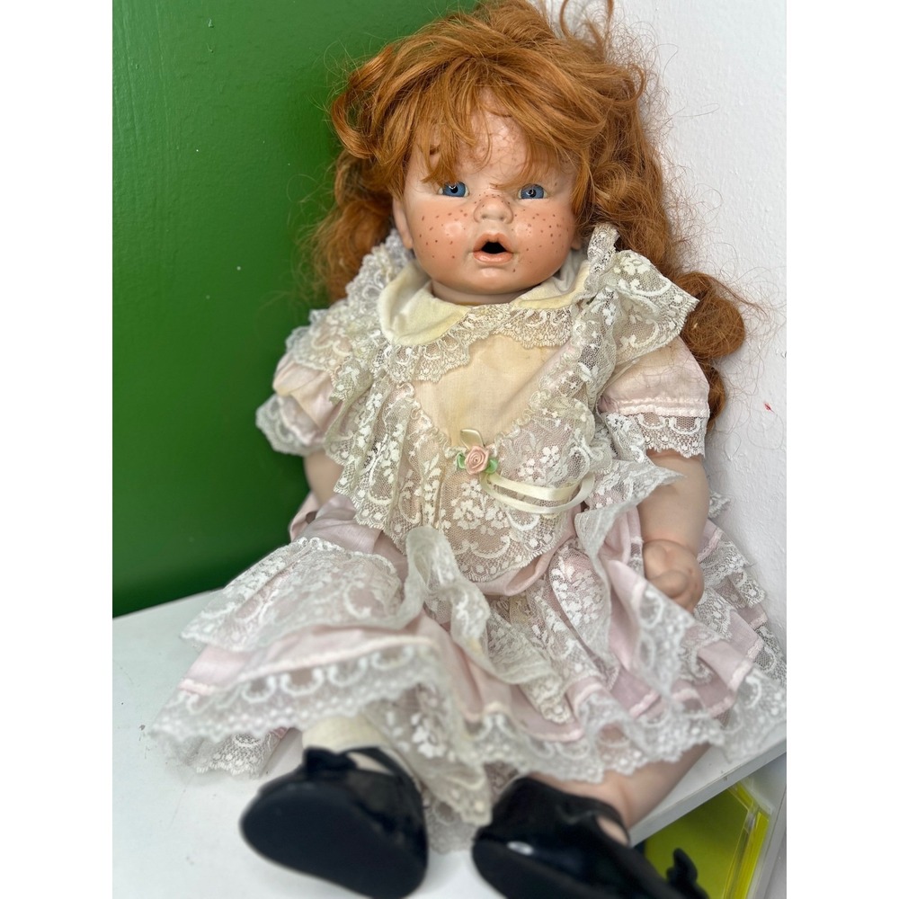 Vintage Porcelain Doll Red Hair Blue Eyes Freckles Pink Lace Dress Victorian - Picture 2 of 9